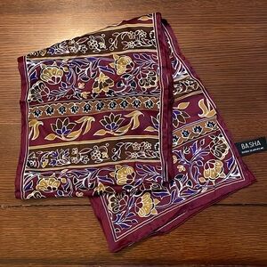 Basha 100% Silk Scarf Rectangle Floral. Jewel tone. Maroon gold purple